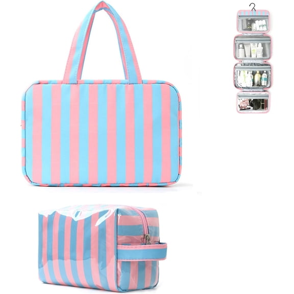 Striped Hanging Travel Toiletry Bag, 4-Layer Foldable Cosmetic Organizer with Hanging Hook, Portable Makeup Pouch for Brushes Skincare Travel Accessories