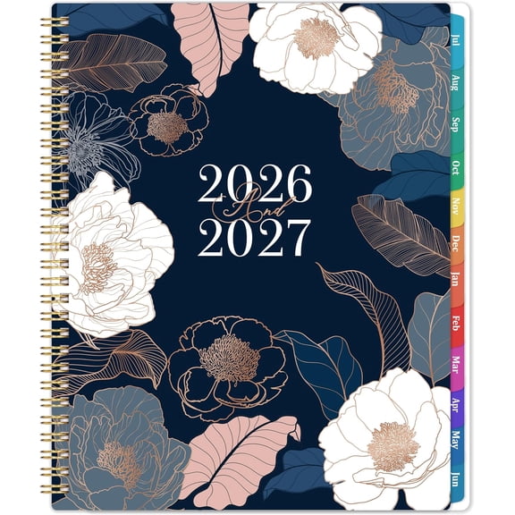 Planner 2026-2027 - Academic Planner 2026-2027, Jul.2026 - Jun.2027, 9"×11" | 2026-2027 Calendar Planner, Weekly and Monthly with Colorful Tabs, Strong Twin-wire, Back Pocket - Engraved Floral