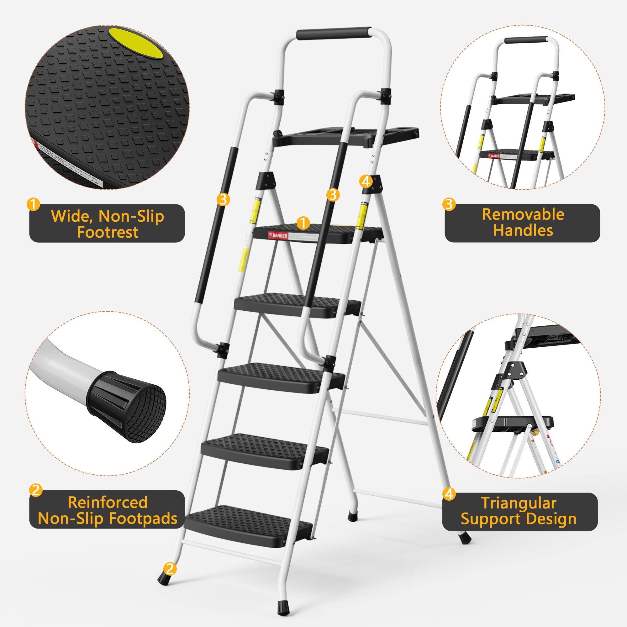 ASoopher 5 Step Ladder with Tool Tray and Handrails, Folding Stool with Wide Anti-Slip Pedal, Tool Platform, Sturdy Steel Ladder, White