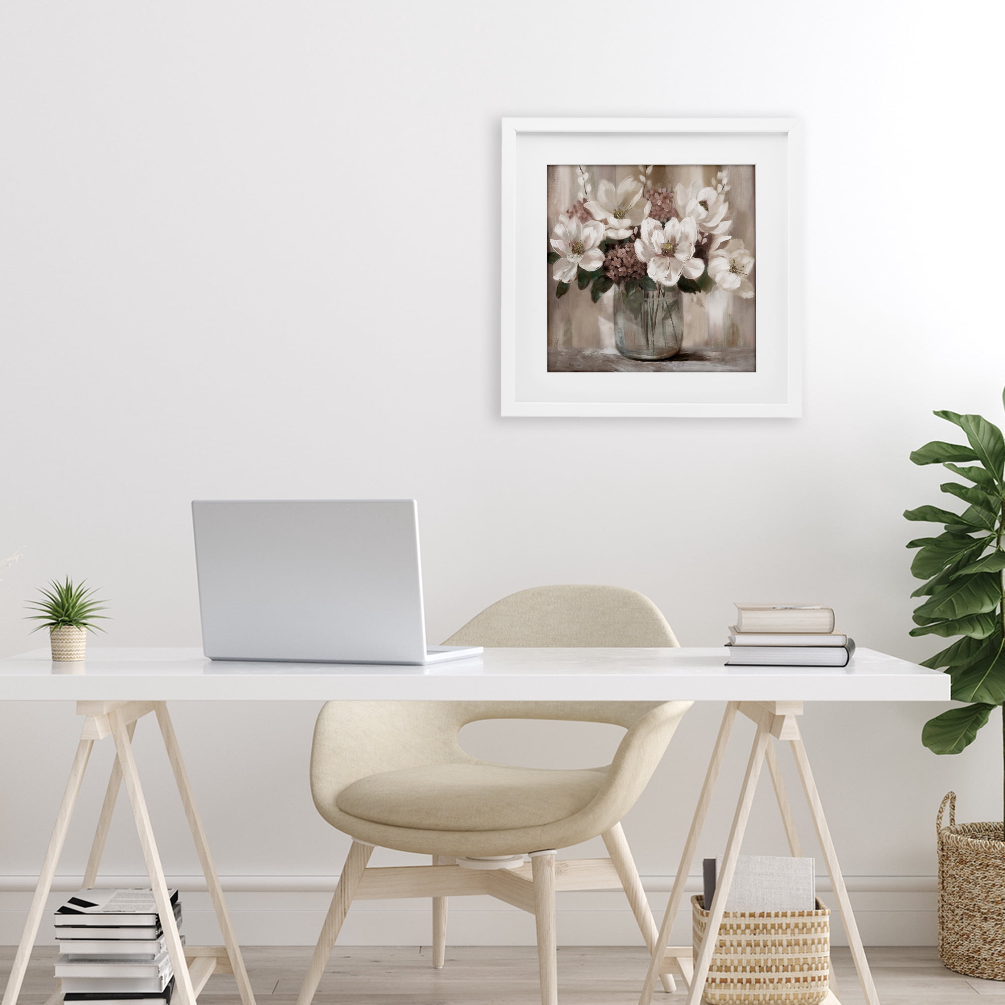 Stupell Industries Ivory Magnolias Vase White Framed Print Under Glass, design by Nan