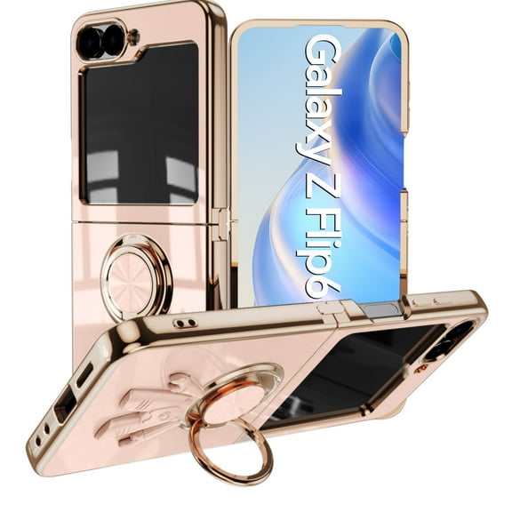 Compatible with Samsung Galaxy Z Flip 6 Cute Case with 3D Astronaut 360 Ring Holder Hidden Kickstand Plating Camera Protection Cover Soft Silicone Bumper Phone Case for Women Men,Lightpink