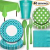 Disposable Tableware, 40 Sets - Caribbean Teal and Lime Green - Quatrefoil Dinner Plates, Dotted Dessert Plates, Cups, Lunch Napkins, Cutlery, and Tablecloths:  Party Supplies Set