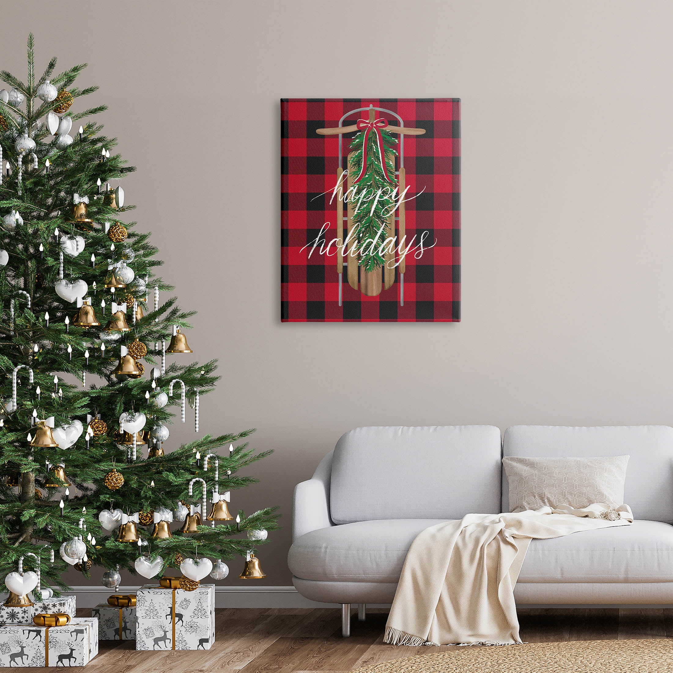 Stupell Industries Happy Holidays Tartan Sled Graphic Art Gallery Wrapped Canvas Print Wall Art, Design by Amanda McGee
