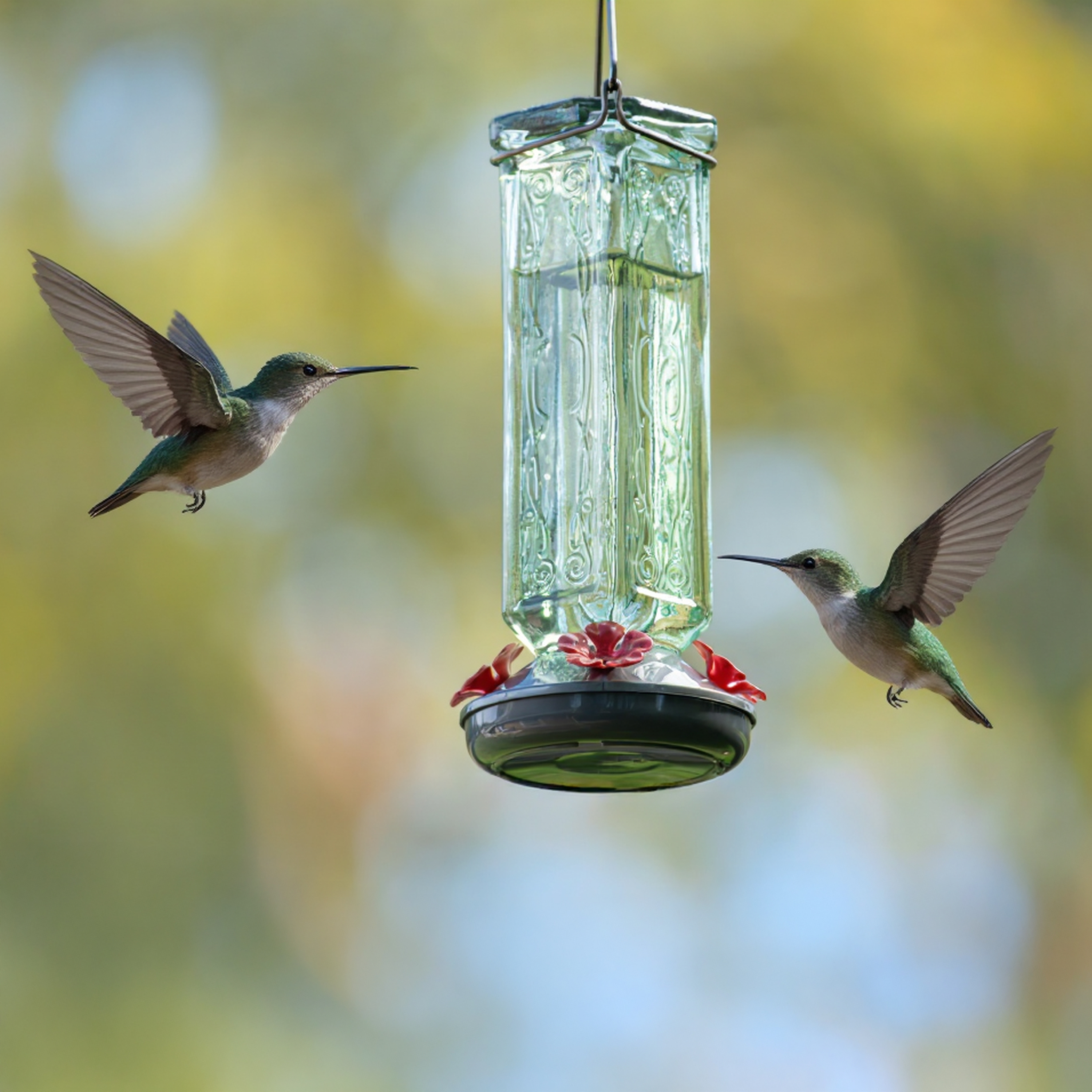 More Birds Kristina Green Vintage Glass Bottle Hummingbird Feeder with 4 Ports, 19 fl oz Nectar Capacity
