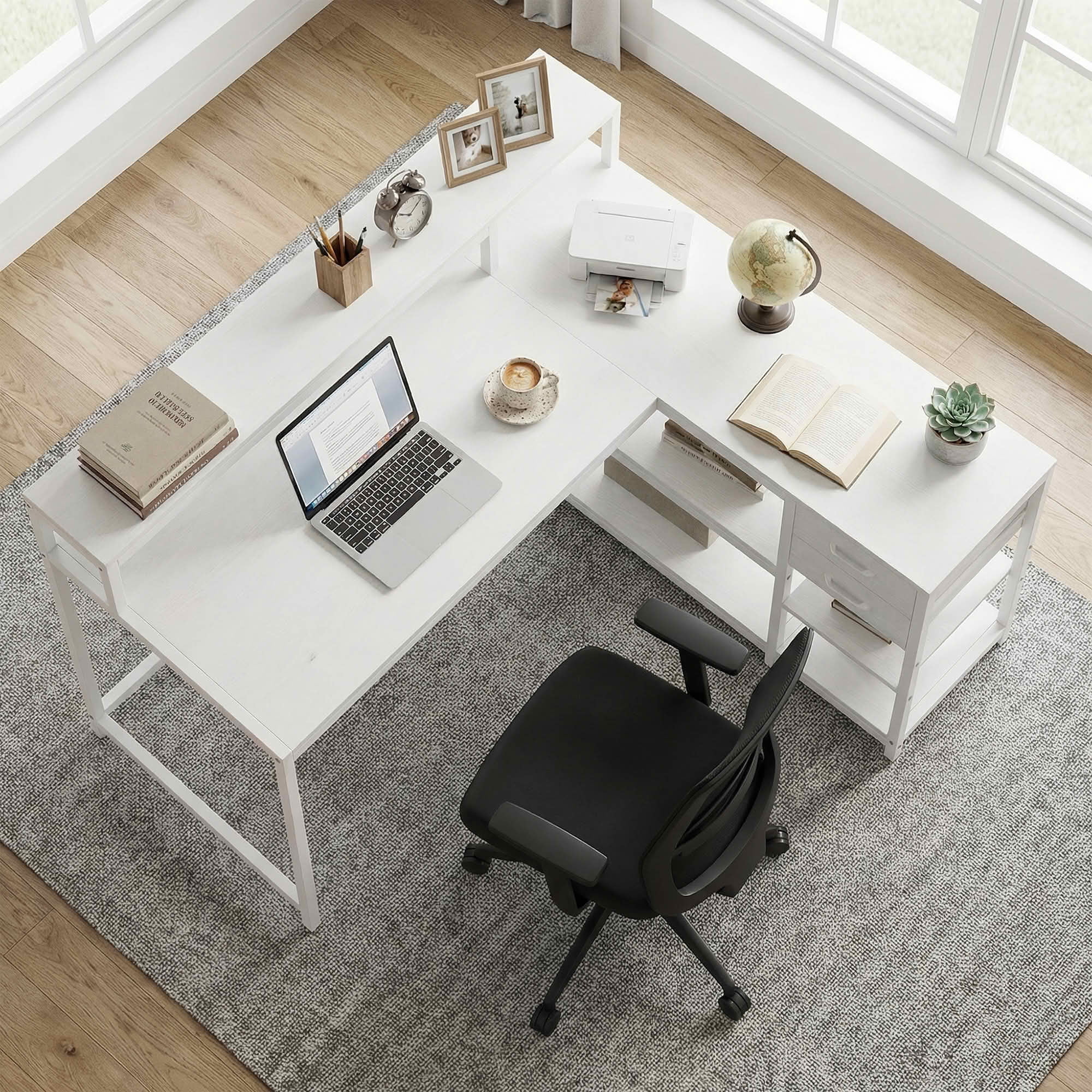 MAYEERTY L-Shaped Corner Desk with Monitor Stand & 2 Drawers, Space-Saving Home Office Desk with Storage Shelves, Anti-Slip Foot Pads