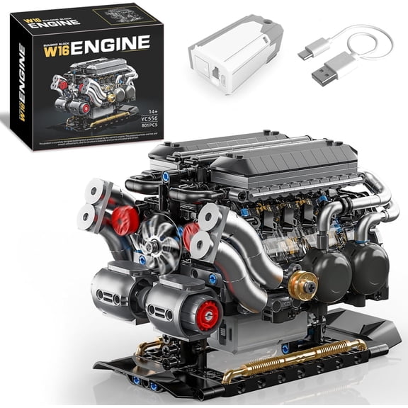 W16 Engine Building Blocks Set, STEM Mini 16-Cylinder Engine Model Kit That Runs, Compatible with Lego Car, DIY Physical Science Experiment