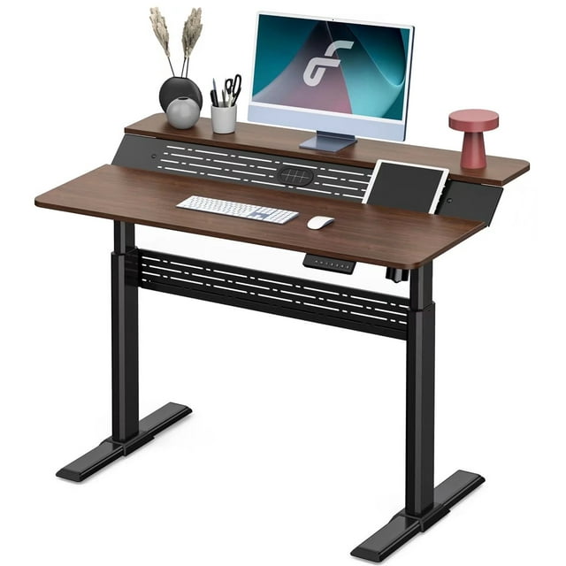 Fenge 2 Tiers Electric Standing Desk with Monitor Riser Shelf 47 Inch Height Adjustable Office Desk, Sit Stand Computer Workastation (4 Memory Presets)