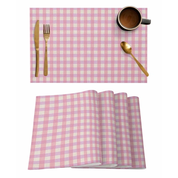 Placemats Set of 4, Pink Woven Placemat, Linen Place Mats for Kitchen/Dining Tables, Grid Checkered Plaid Gingham Lattice Trellis Washable Table Mats for Party