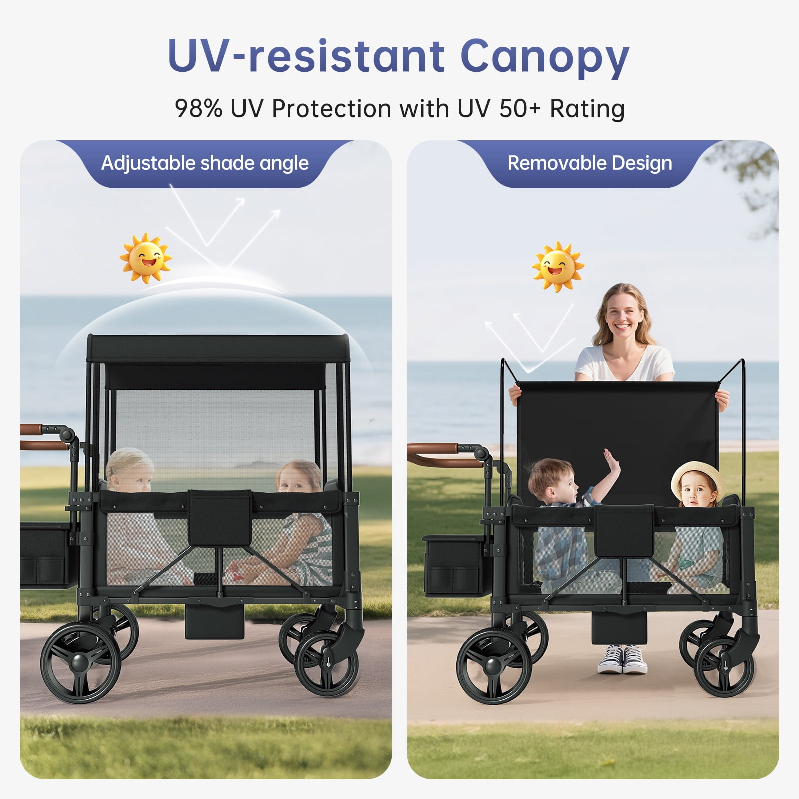 Vipsafe Foldable Wagon Stroller for 2 Kids, Multifunctional Baby Stroller with Detachable Canopy, Adjustable Handlebars, Easy Storage for Toddlers
