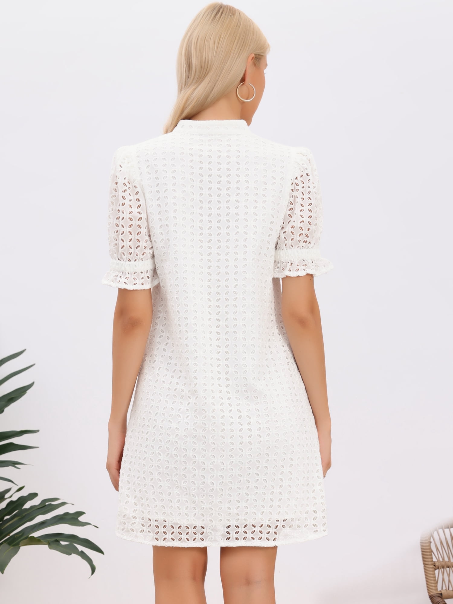 DARING DIVA Women's Mini Dress V Neck Ruffle Hollow Out Eyelet Lace Dresses M White
