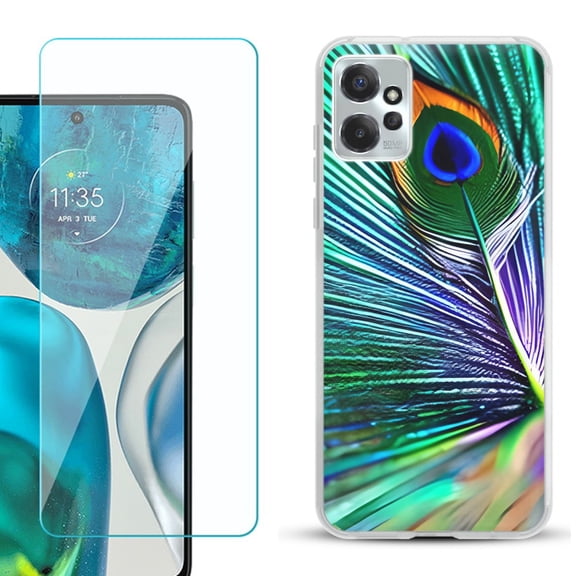 OneToughShield ® for Motorola Moto G Power 5G 2023 Shockproof Fashion Phone Case, with Tempered Glass Screen Protector - Peacock Feather