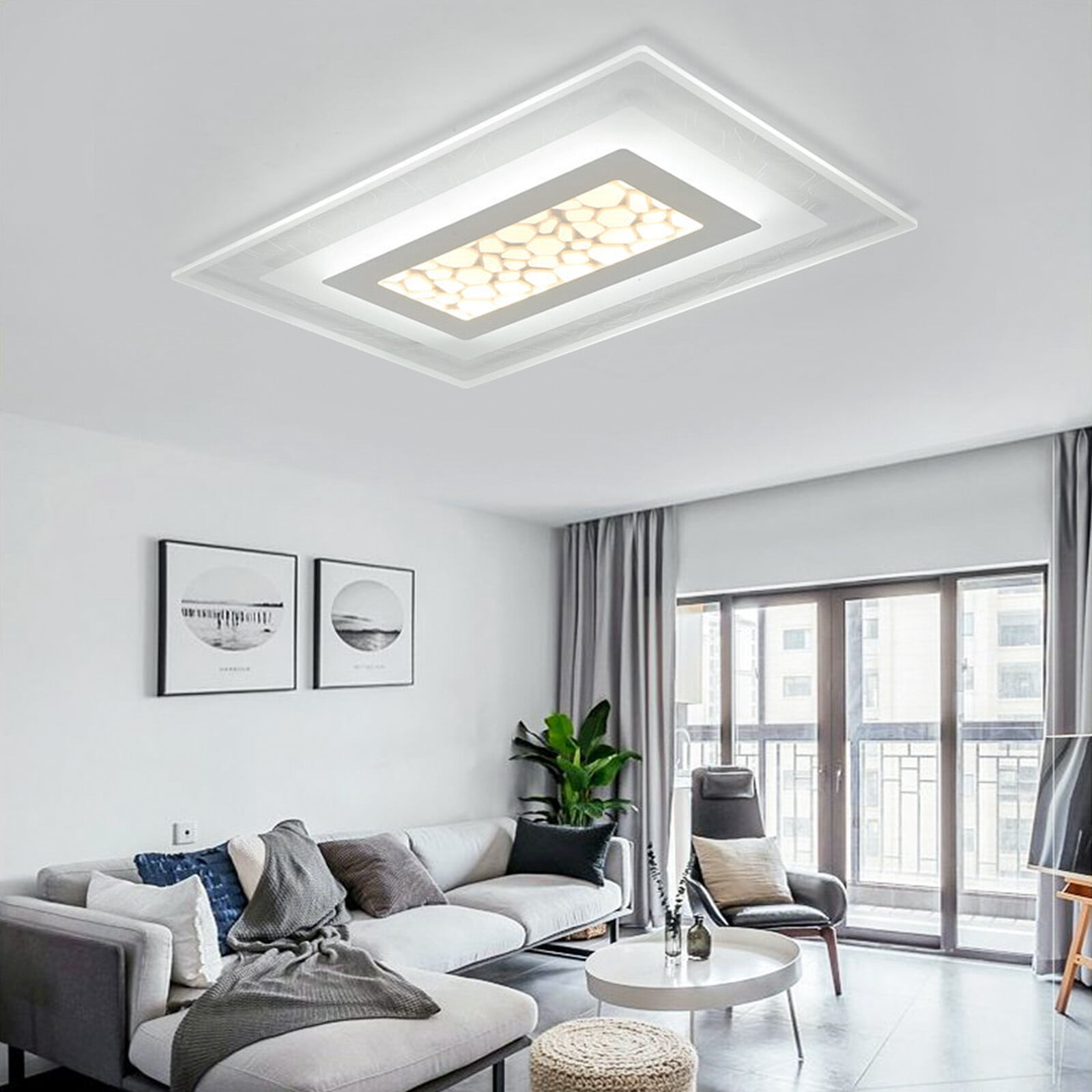 35.4x23.6in White Rectangular Flush Mount Ceiling Light, Remote Dimmable with Tri-Color LED (3000K-6000K), Petal-Textured Acrylic Shade for Dining Room, Bedroom, Living Room