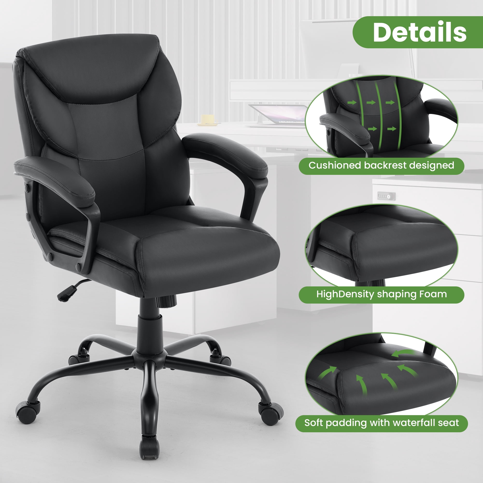 JONPONY Leather Office Chair, Big and Tall 400lbs Ergonomic Desk Chairs with Back Support, Executive Leather Chair with Wheels for Home Office, 360°Swivel Free, Black