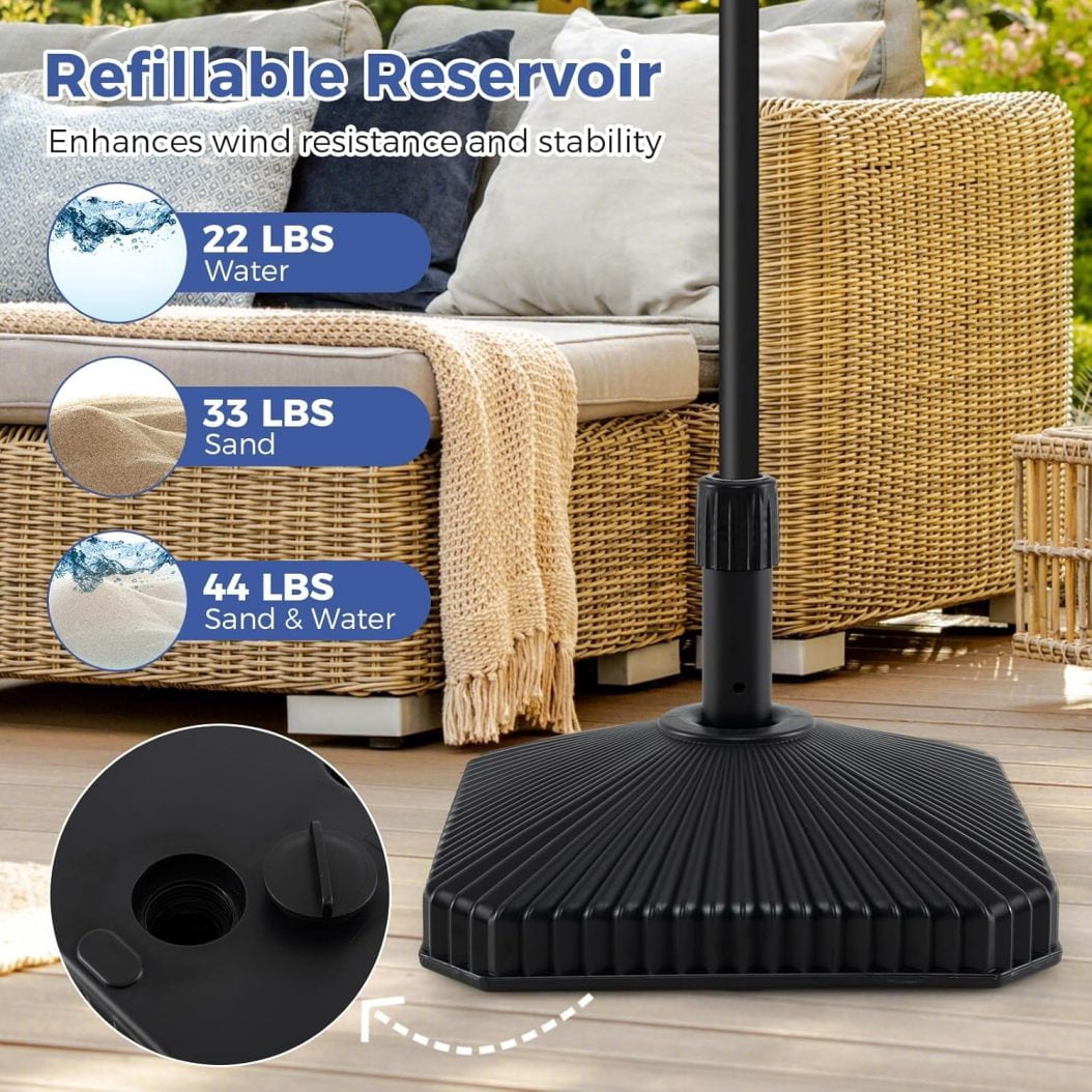 WJSP Patio Umbrella Base, 44 LBS Capacity Water & Sand Fillable Market Table Umbrella Stand Fit 1.5”/1.34”/1.26” Umbrella Pole, Square Seashell-Shaped Weighted Base for Poolside Garden Deck Lawn