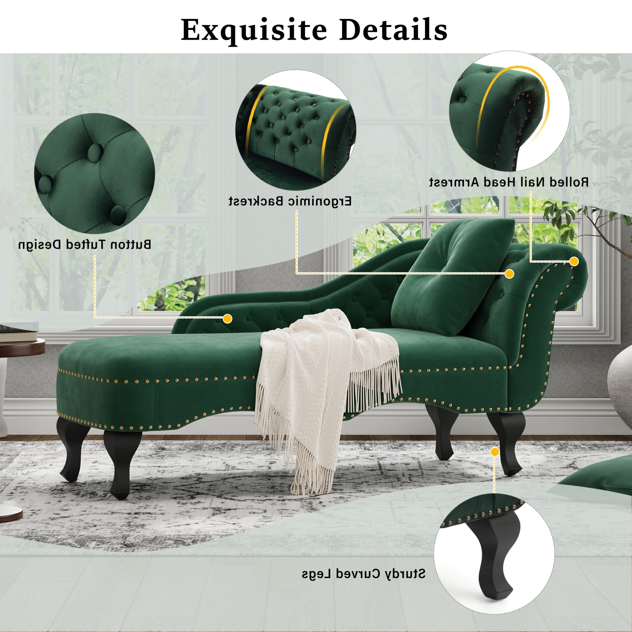 Christopher Knight Home 62" Luxury Velvet Chaise Lounge Bench with Pillow, Right Scrolled Backrest & Nailhead Trim, Green