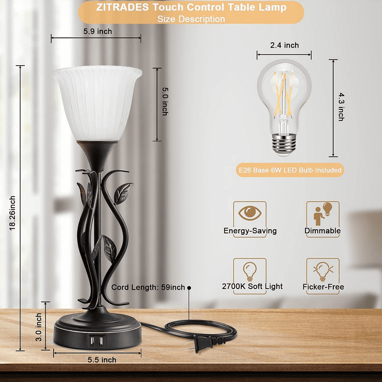 Set of 2 Touch Control Table Lamps, 3-Way Dimmable Torchiere Bedside Lamps  with Dual USB Charging Ports, Leaf Body and Glass Shade Retro Lamps for