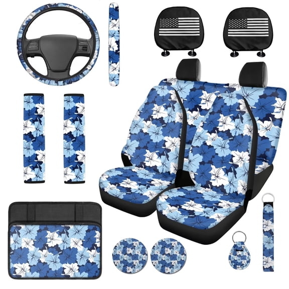 Uorisanigo Hibiscus Print 14 Pack Auto Seat Cover Sets Car Steering Wheel Cover and Cars Headrest Cover Center Console Cover and Water Cup Coaster Stretch Polyester Fabric Cover for Car SUV