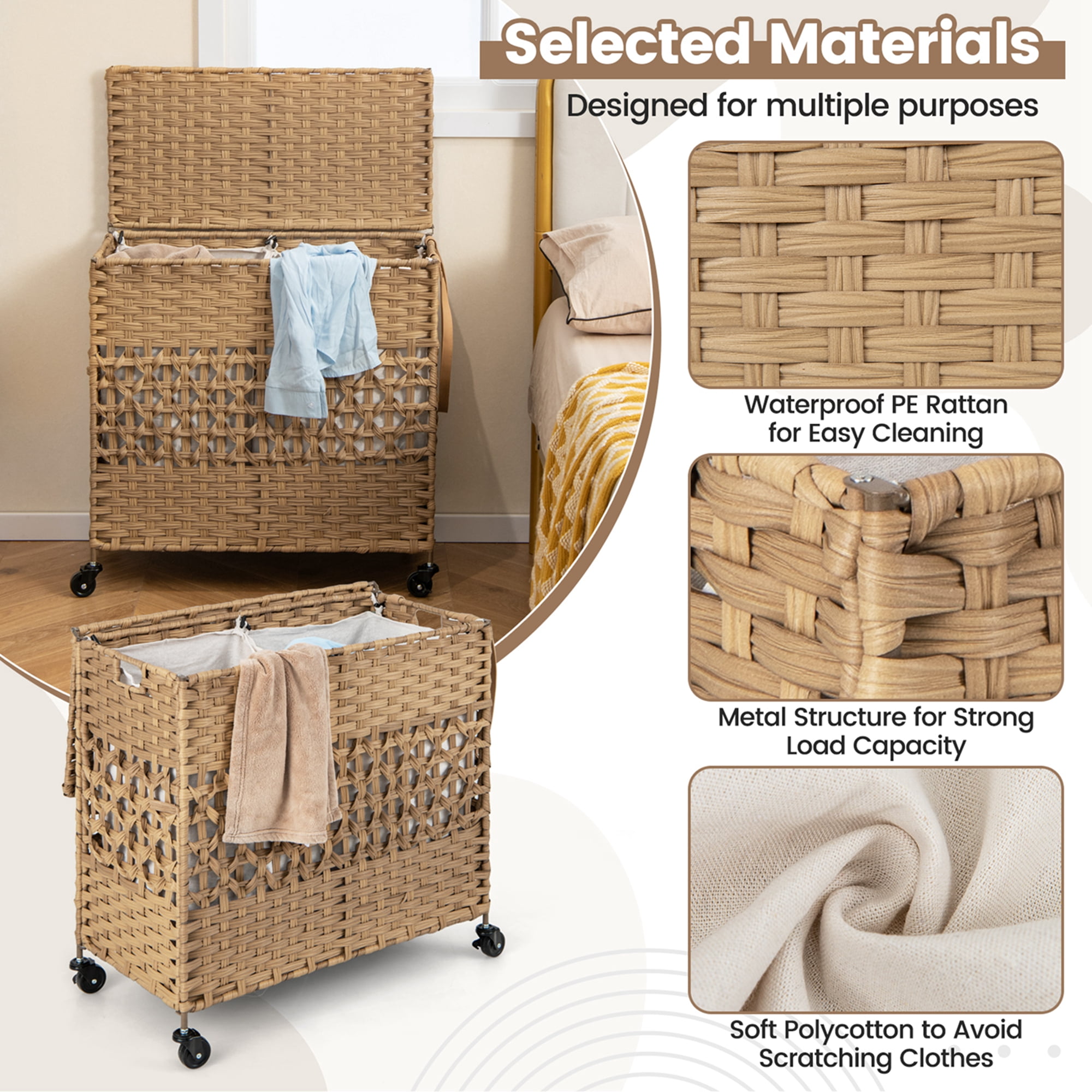 Costway 110L Laundry Hamper with Wheels Clothes Basket Lid & Handle & 2 Liner Bags Natural