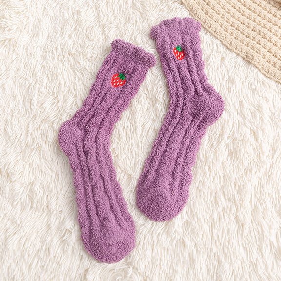 Dyfzdhu Winter Thermal Socks For Women Cute Fruit Pattern Solid Color Coral Fuzzy Crew Socks Casual Quarter Socks