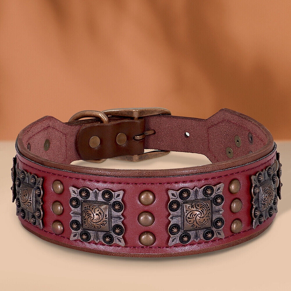 Pet Artist 2 Inch Wide Dog Collars Retro Studded Real Leather Large Pet Collars Heavy Duty Rottweiler L XL XXL