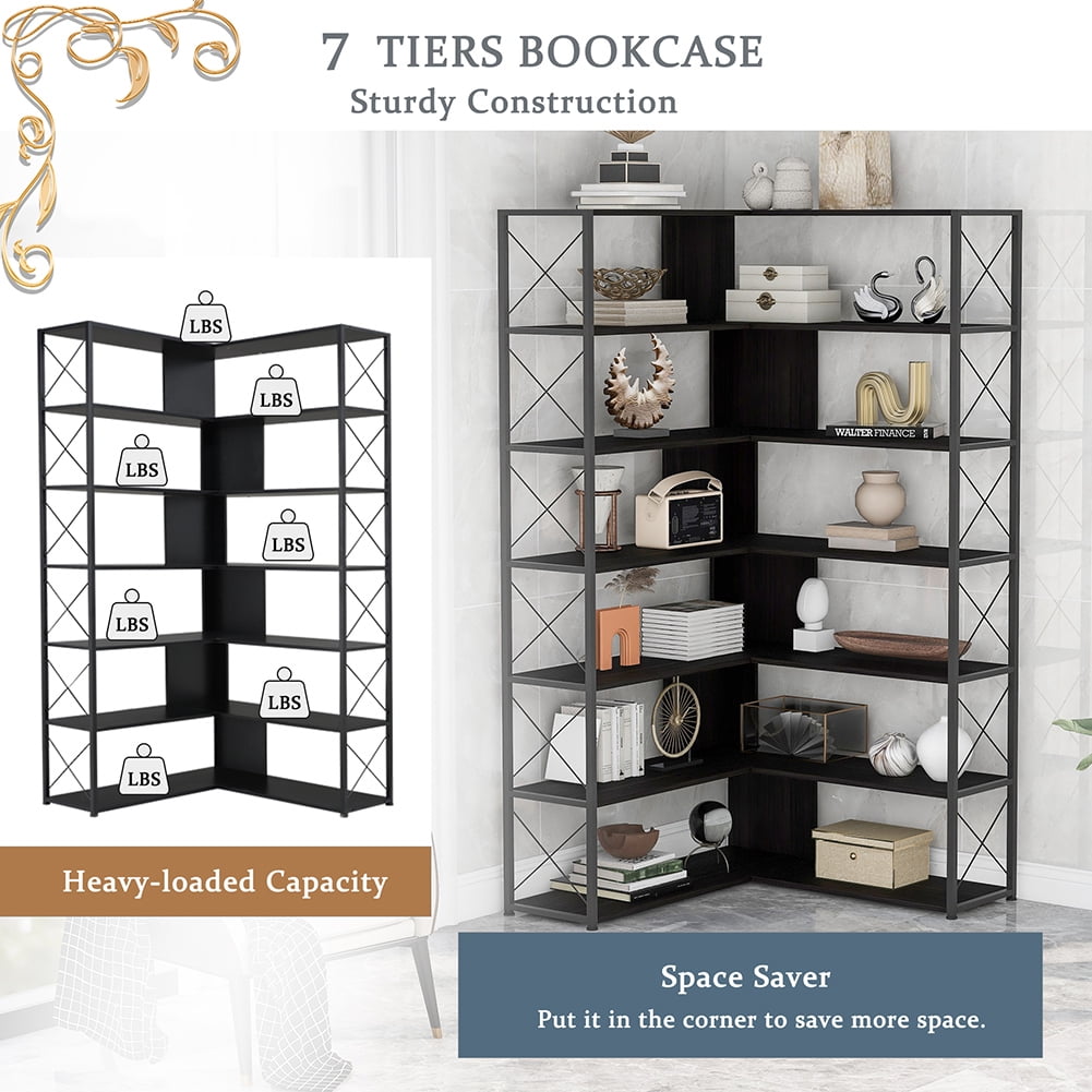 Resenkos 7-Tier Bookcase Home Office Bookshelf,L-Shaped Corner Bookcase with Metal Frame,Industrial Style Shelf with Open Storage,Black Resenkos 7-Tier Bookcase Home Office Bookshelf,L-Shaped Corner Bookcase with Metal Frame,Industrial Style Shelf with Open Storage,Black