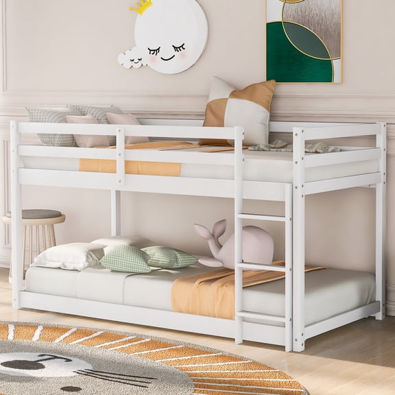 Harper & Bright Designs Solid Wood Twin Over Twin Floor Bunk Bed with Ladder and Safety Guard Rails for Teens/Adults, Low Bed Frame Bedroom Furniture, White