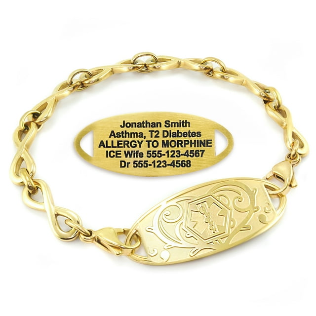 MedicEngraved Yellow Gold Stainless Steel Custom Medical Alert Bracelet - 6mm Infinity Link