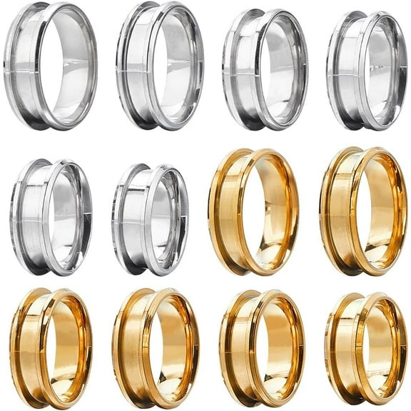 12Pcs 12 Styles 304 Stainless Steel Grooved Finger Ring Settings Ring Core Blank for Inlay Ring Jewelry Making Golden & Stainless Steel Color US Size 6 1/2~13(16.9~22.2mm) 1Pc/style
