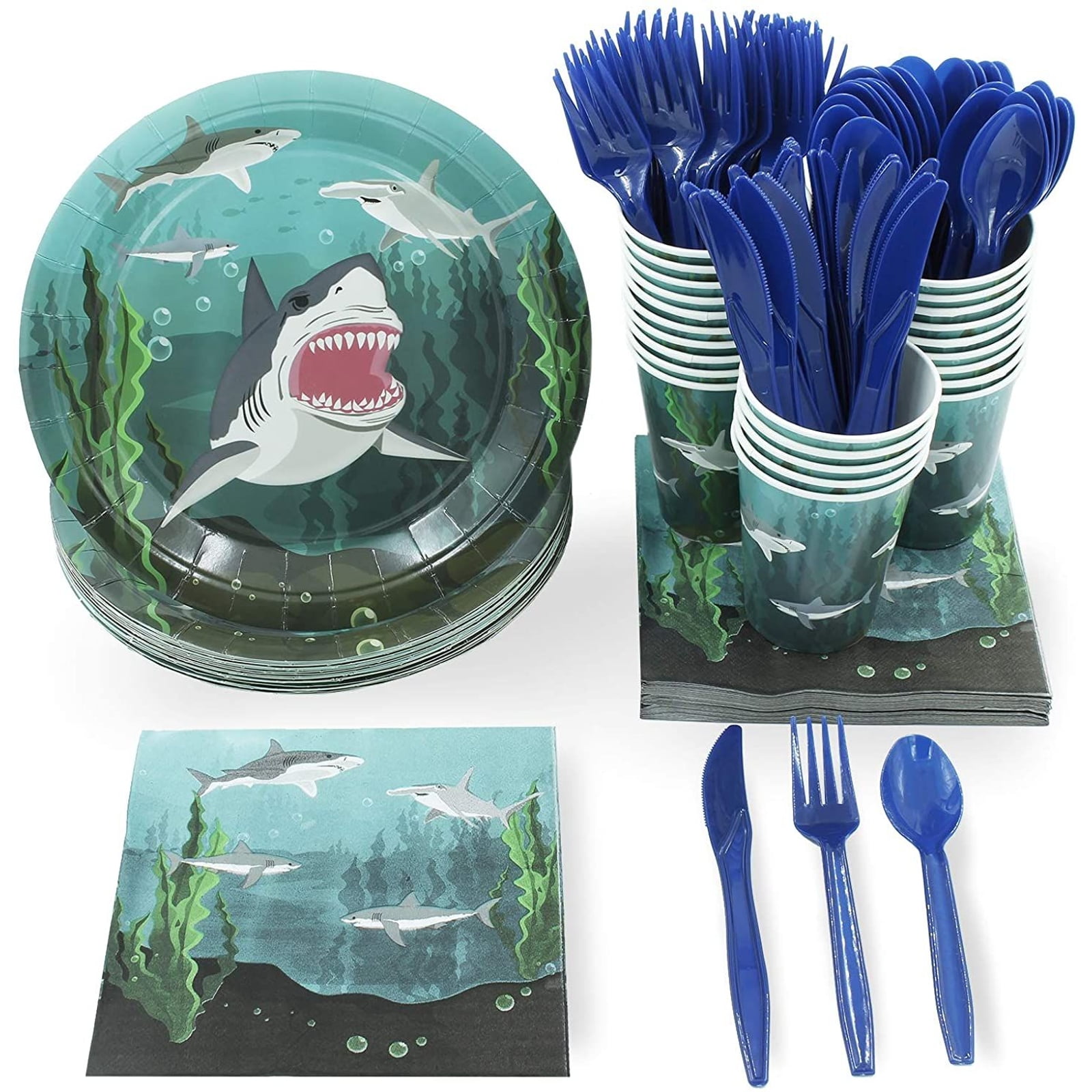 Serves 24, 123 Pieces Banner Hats Details about   Shark Party Dinnerware Plastic Tablecloth