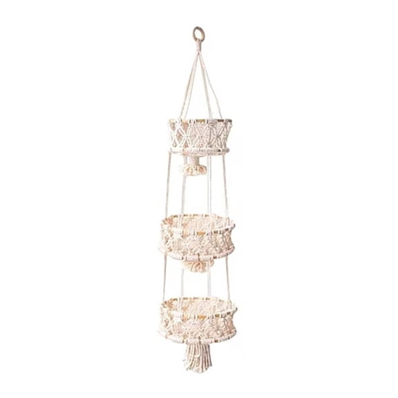 3 Tier Hanging Fruit Basket, Macrame Hanging Basket, Kitchen Storage Hanging Basket, Over the Door Organizer, Wall Cotton Woven Storage Baskets for Kitchen Bathroom Bedroom