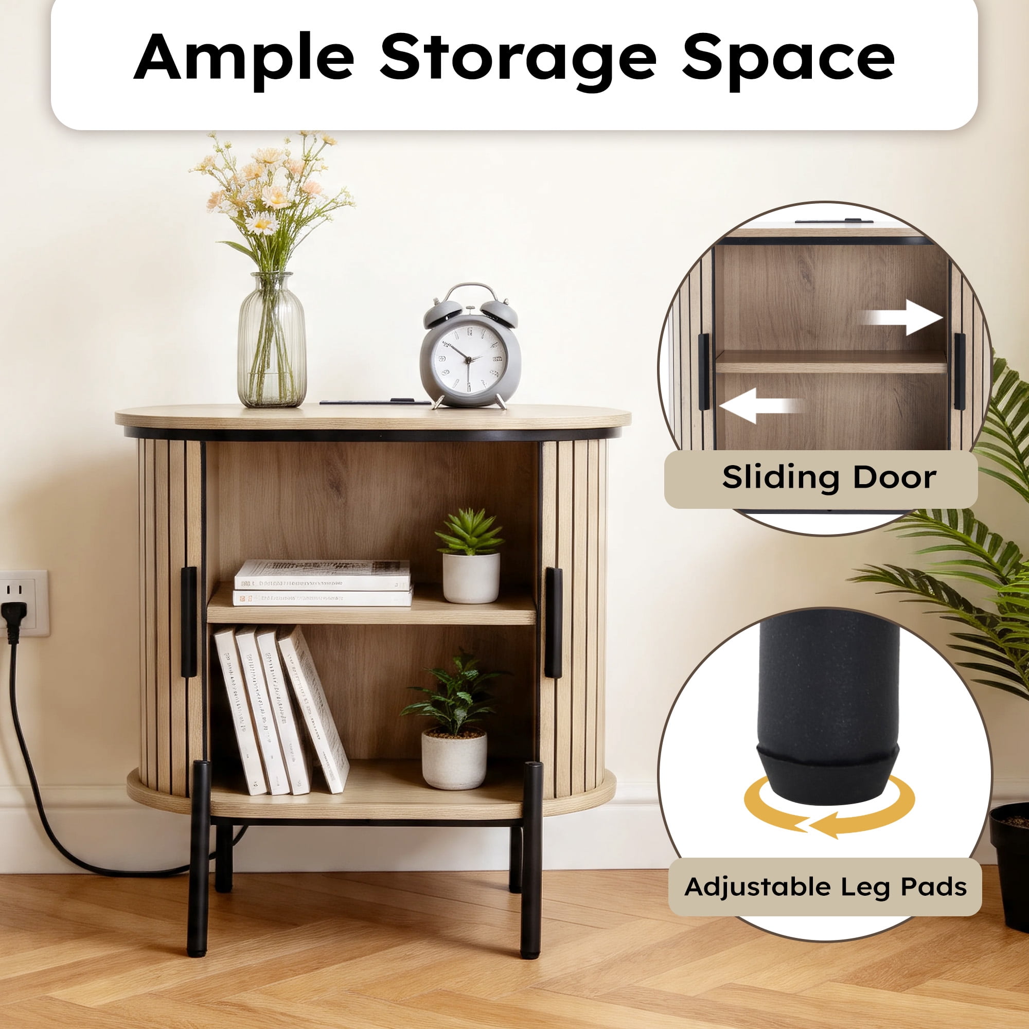 Ebello Nightstand with Built-in Charging Station, Modern Oval End Table with Storage, Sliding Door & Raised Base for Bedroom and Entryway, Camel
