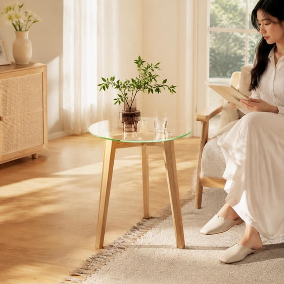 Tempered Glass End Table with Solid Rubber Wood Legs, Round Side Table for Living Room, Bedroom, Home Office
