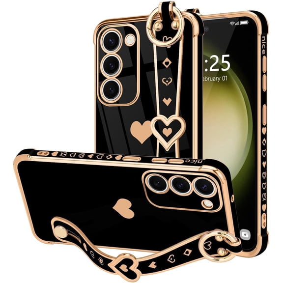 Samsung Galaxy S23 5G Case, Cute Love-Heart Plating Strap, Bling Silicone, Camera Protection, Shockproof Bumper for Women & Girls (6.1")
