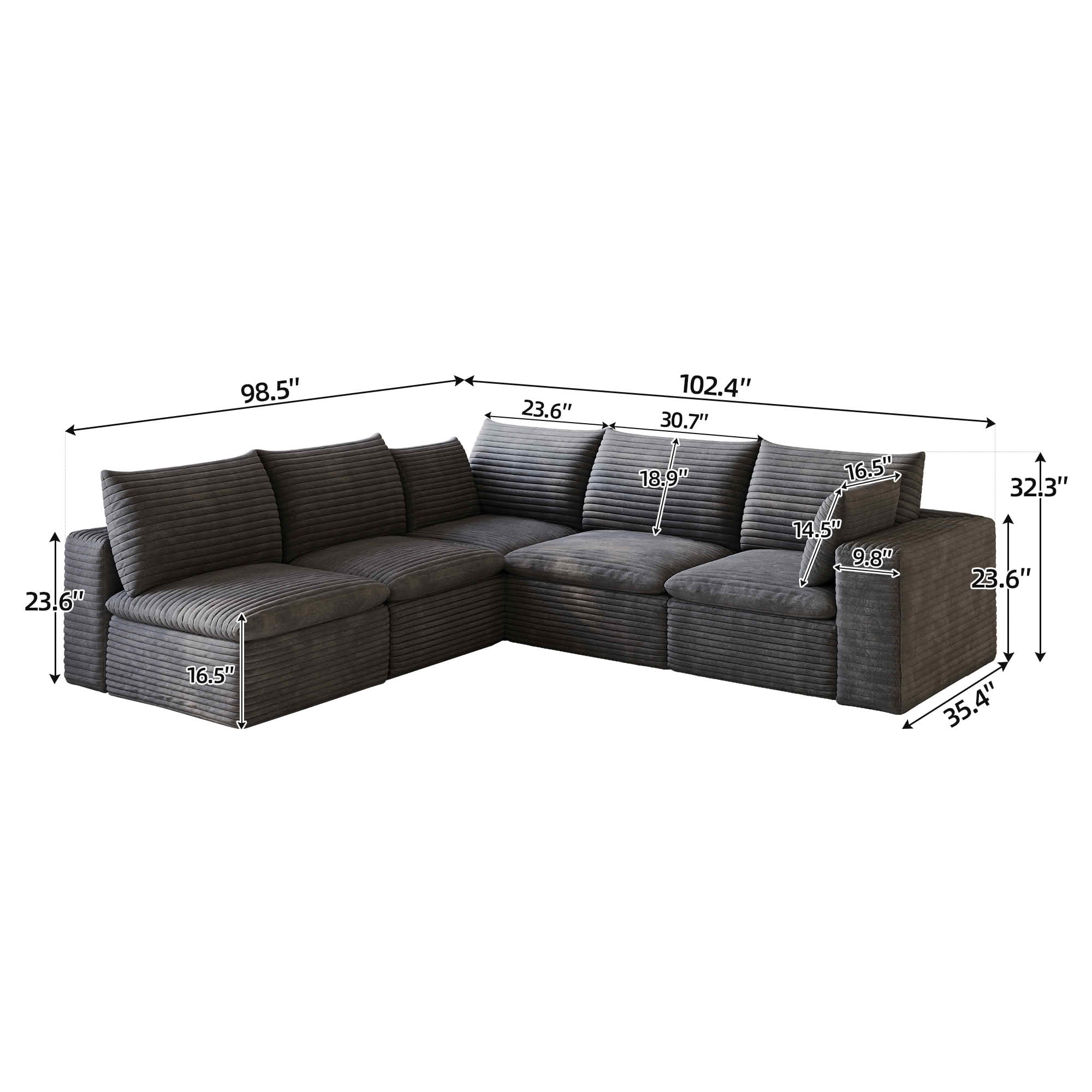 MAYEERTY 98.5"x 102.4" L‑Shaped Cloud Modular Sofa, Corduroy Deep‑Seat Sectional Couch, Double‑Layer Removable Cushions, No‑Assembly DIY Sponge Sofa for Living Room Bedroom Conference Room Apartment