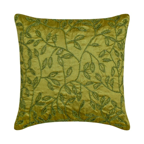 Pillow Covers 24x24 Green, Luxury Green Pillow Shams, Beaded Leaf Tropical Theme Pillow Shams, 24x24 inch (60x60 cm) Pillow Sham, Square Silk Pillow Sham, Floral Pattern - Tropical