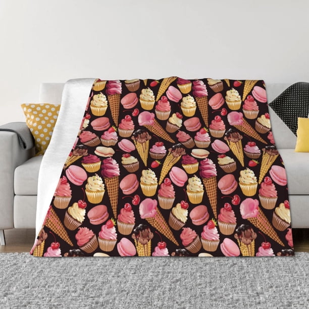 Balery Ice Cream Cake Manta de Franela con Dibujo, Lujo Ultra Suave y Cálido, Antipelusa y Resistente a las Arrugas para Cama, Sofá, Camping -50"x40"