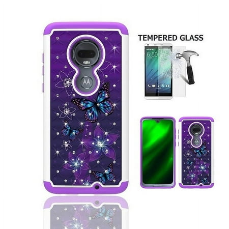 Moto G7 Case, For Motorola Moto G7 XT 1962-4 / Moto G7 Plus XT1965-2 Unlocked Phone, Studded Rhinestone Crystal Bling Shockproof Cover Case + Tempered Glass Screen Protector ( Purple- Blue Butterfly)