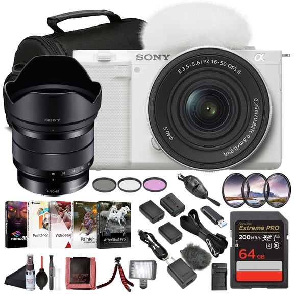 Sony ZV-E10 Mirrorless Camera White with 16-50mm Power Zoom Lens (ILCZV-E10L) – 24.2 MP APS-C Sensor, 4K Video, Vari-Angle Screen w/ Sony E 10-18mm Lens, 64GB Card, Filter Kit and More