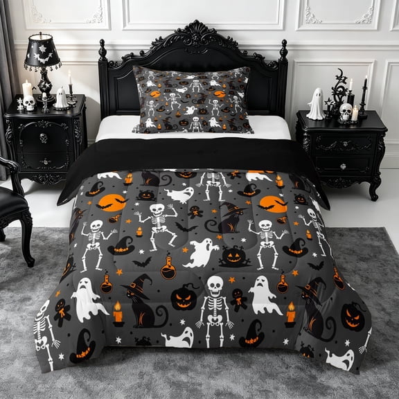 Erosebridal Gothic Skeleton Ghost Twin Comforter Sets 2pcs,Halloween Black Cats Bedding Set,Dark Grey,Reversible,1 Comforter and 1 Pillowcase