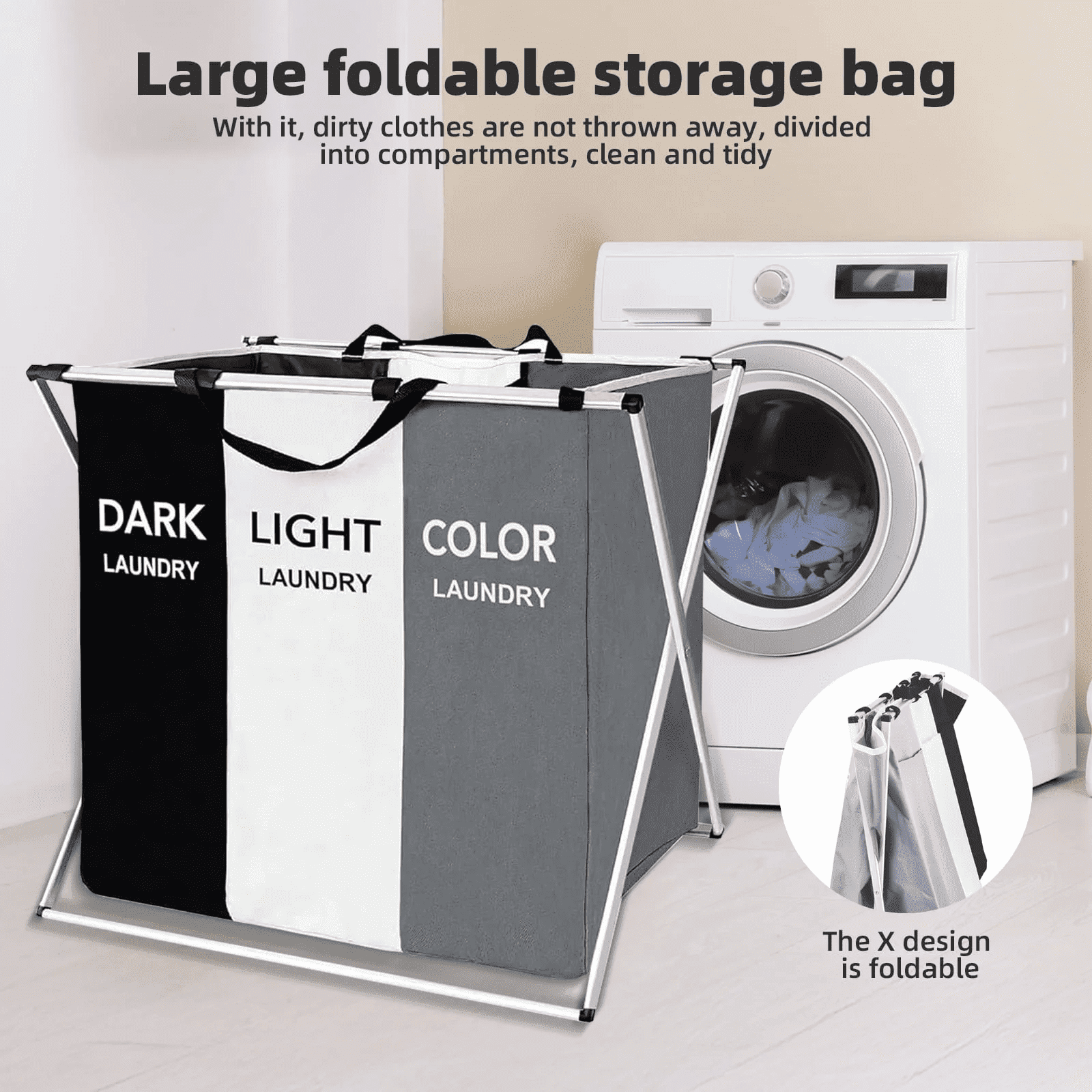 SROEDTY Collapsible Laundry Basket, 3-Compartment Freestanding Clothes Hamper with Reinforced Handles, Large Capacity Waterproof for Laundey Room, Living Room