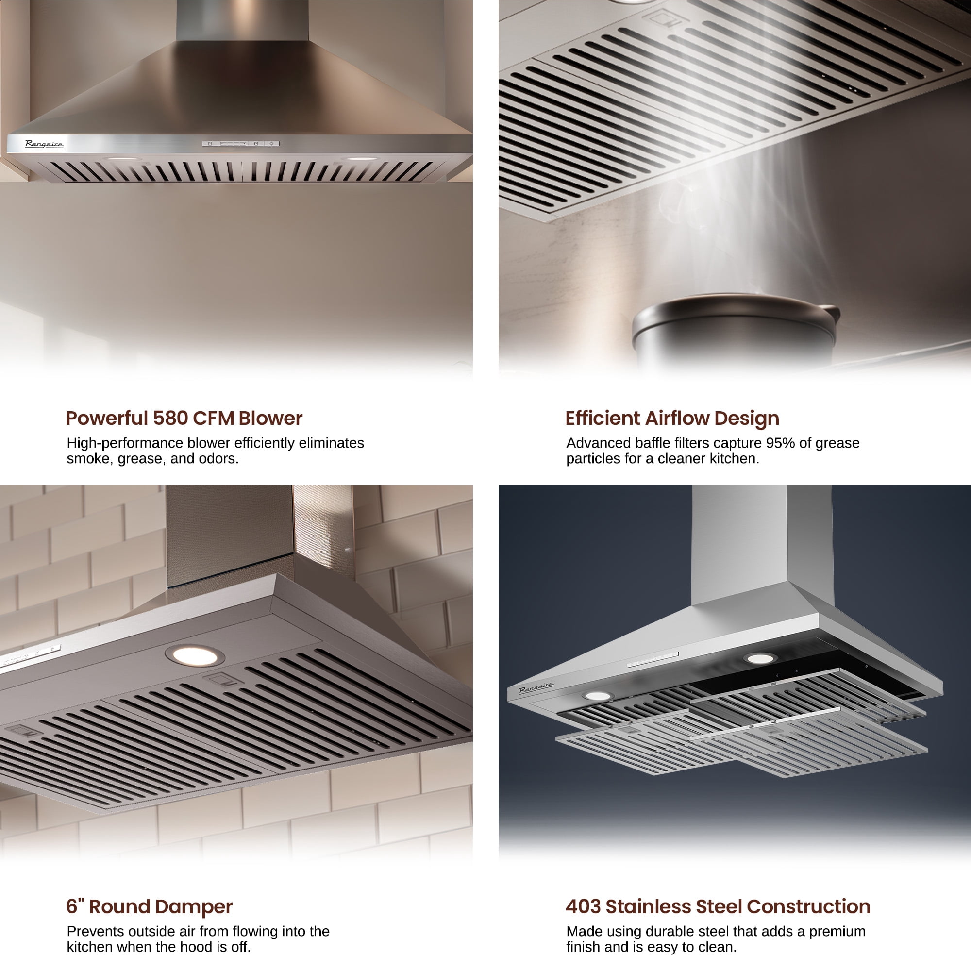 Rangaire RHWMP36S 36" Wall Mounted Hood - Stainless Steel, 3 Speed Fan, LED Lights, Push Button Control