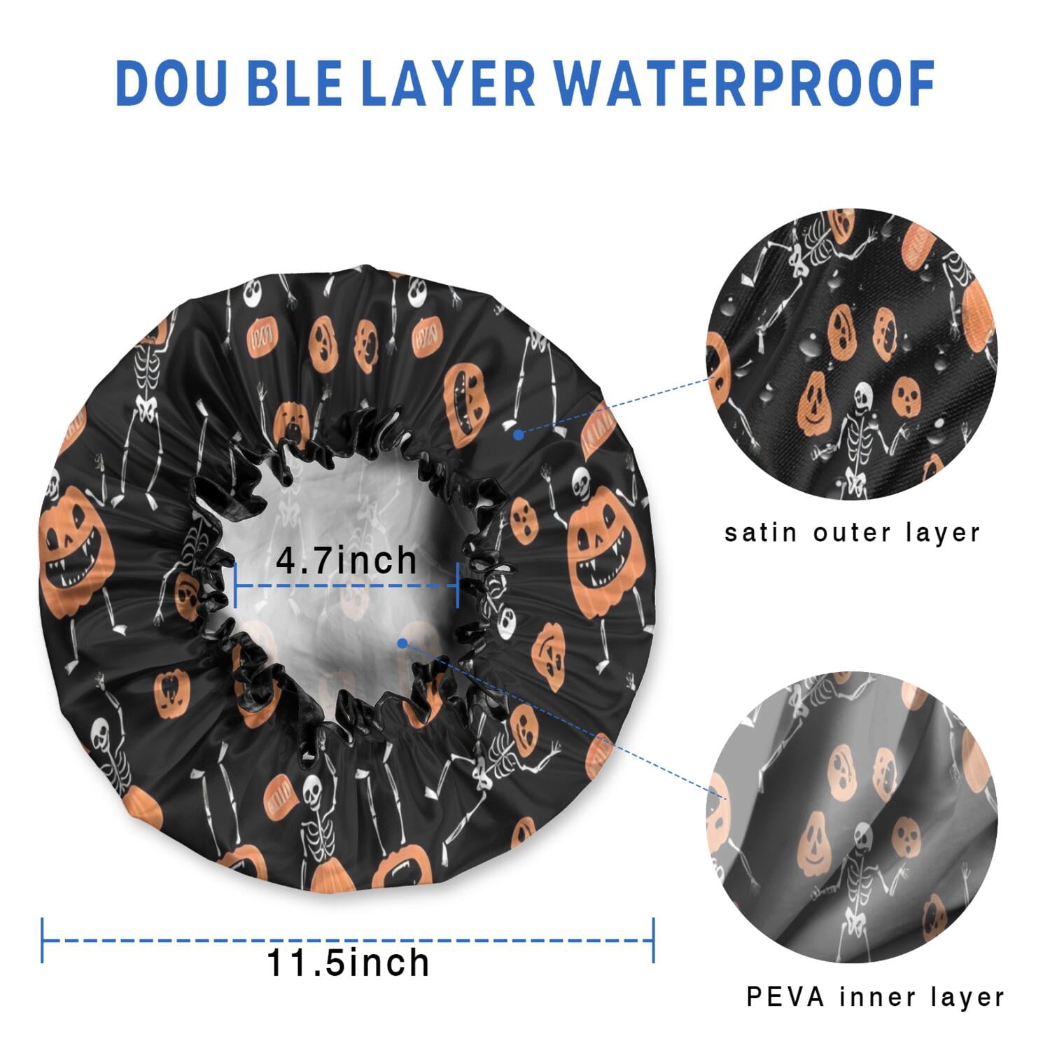 Shower Caps,Halloween Skeletons and Pumpkins Waterproof Shower Cap for Women 4 Pieces,Double Reusable Hair Cover for Shower PEVA Elastic Stretch Hem