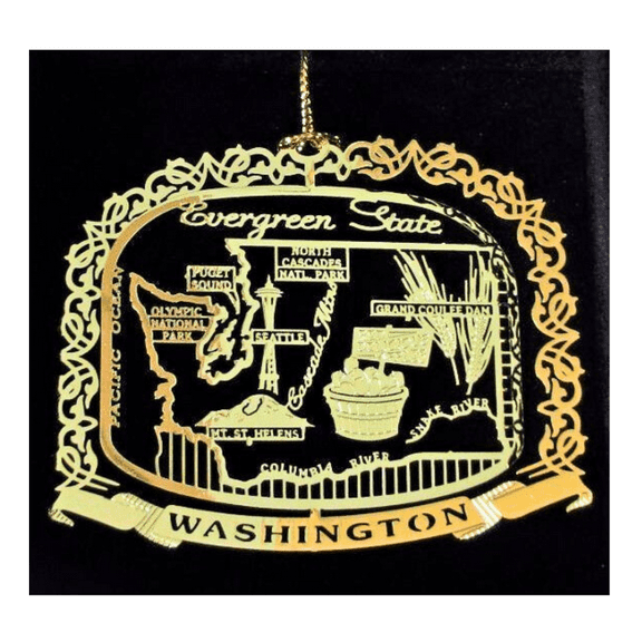 Washington State Brass Ornament Black Leatherette Gift Box