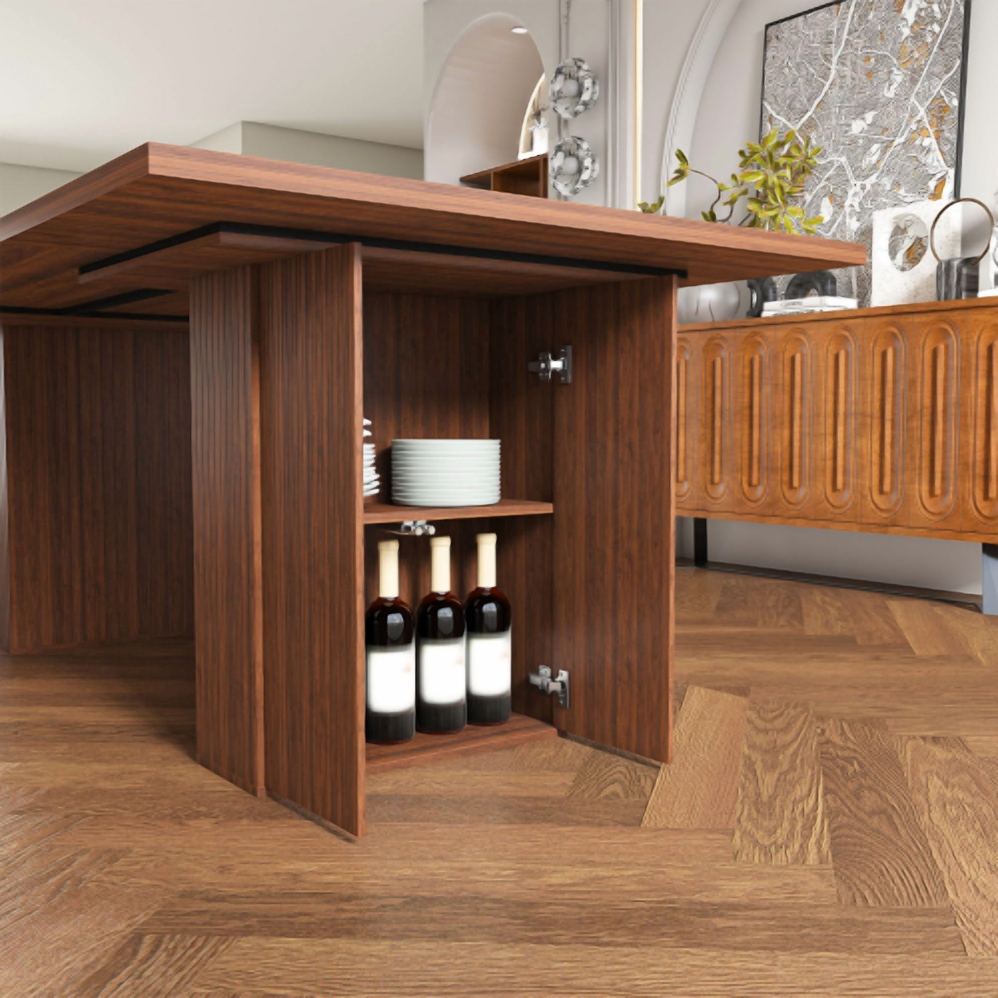 78 Inch Dining Table with Storage Base, Wood Veneer Rectangular MDF Farmhouse Table for 6, Modern Rustic Kitchen Table with Soft-Close Doors for Dining Room, Walnut