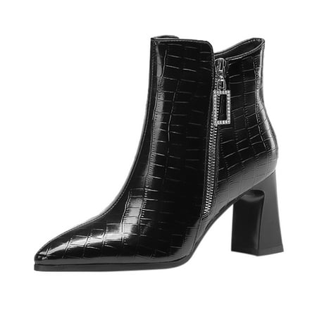 

LBECLEY Womens Leather Boots High Women Ankle Boots Autumn and Winter Fashion Solid Checkered Tip Comfortable Coarse Heel Square Heel Side Zipper Platform Heels Size 11 Black 38
