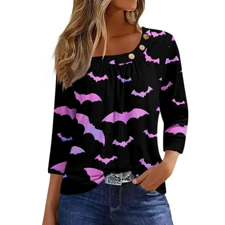 Gglogagt Halloween Shirts for Women Plus Size Button Down Square Neck T-Shirt 3/4 Sleeve Tops Graphic Color Block Top Casual 2024 Fashion Purple Pink M
