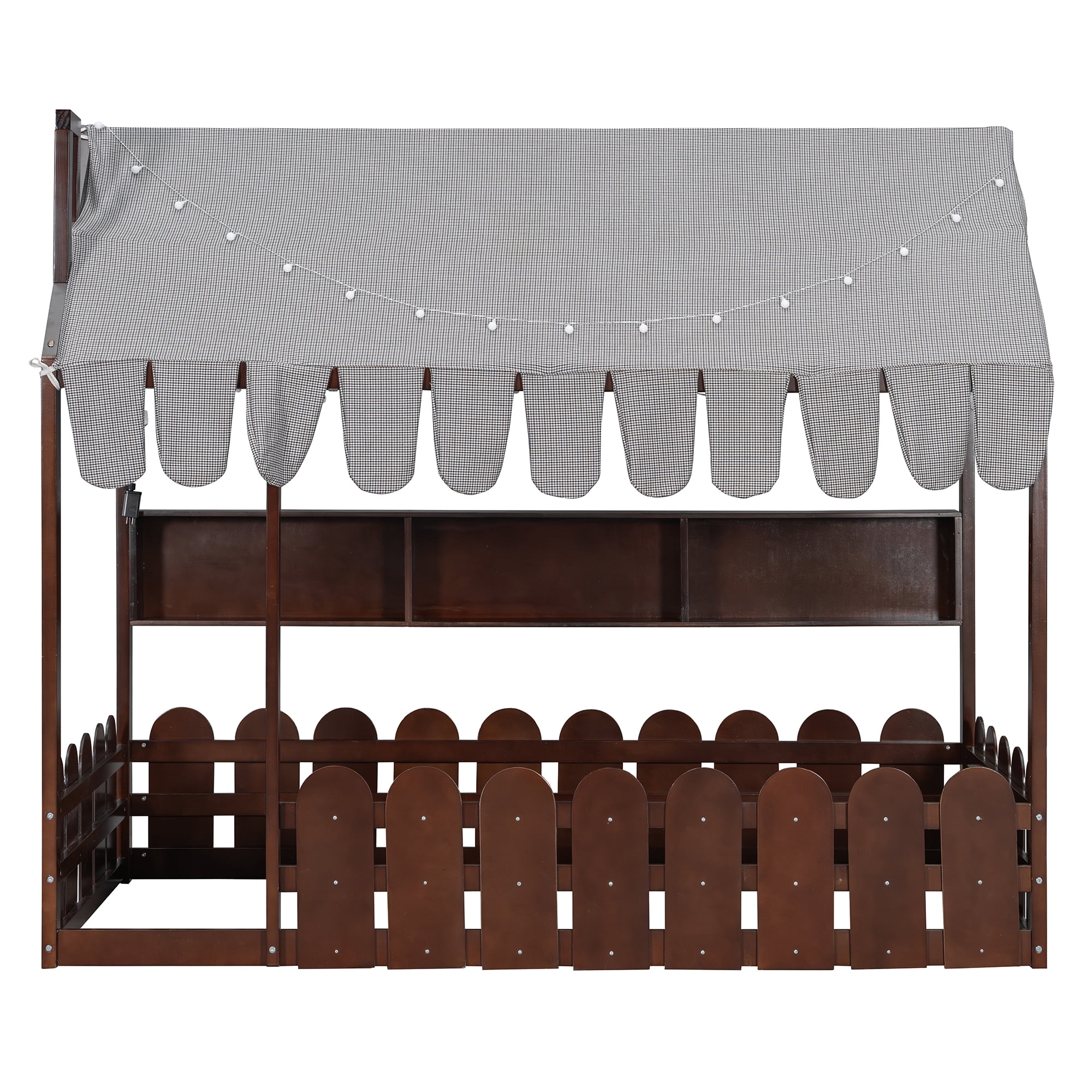 Aukfa Full Size House Bed with Fence and Tent for Kids, Wooden Montessori Bed with LED Lights & Storage Shelves for Toddler Boys and Girls Bedroom, Espresso