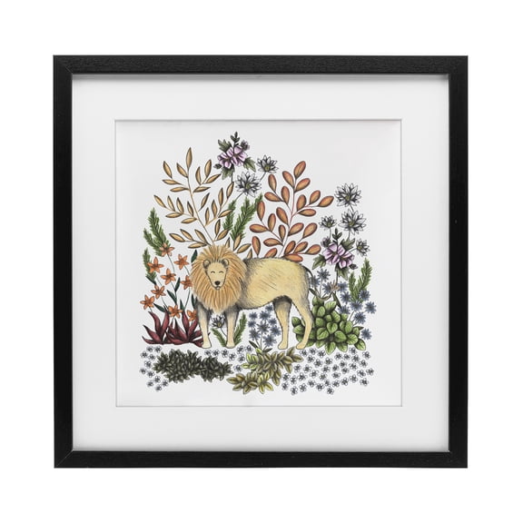 Jungle Wildlife Lion Black Framed Print Under Glass, design by Cecilia Battaini
