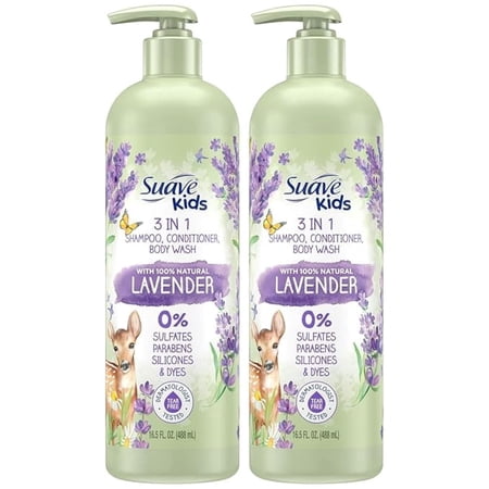 Suave Kids 3-in-1 Shampoo With 100% Natural Lavender - Tear-Free Shampoo, Conditioner, and Body Wash for Kids, 16.5 Fl Oz (Pack of 2)