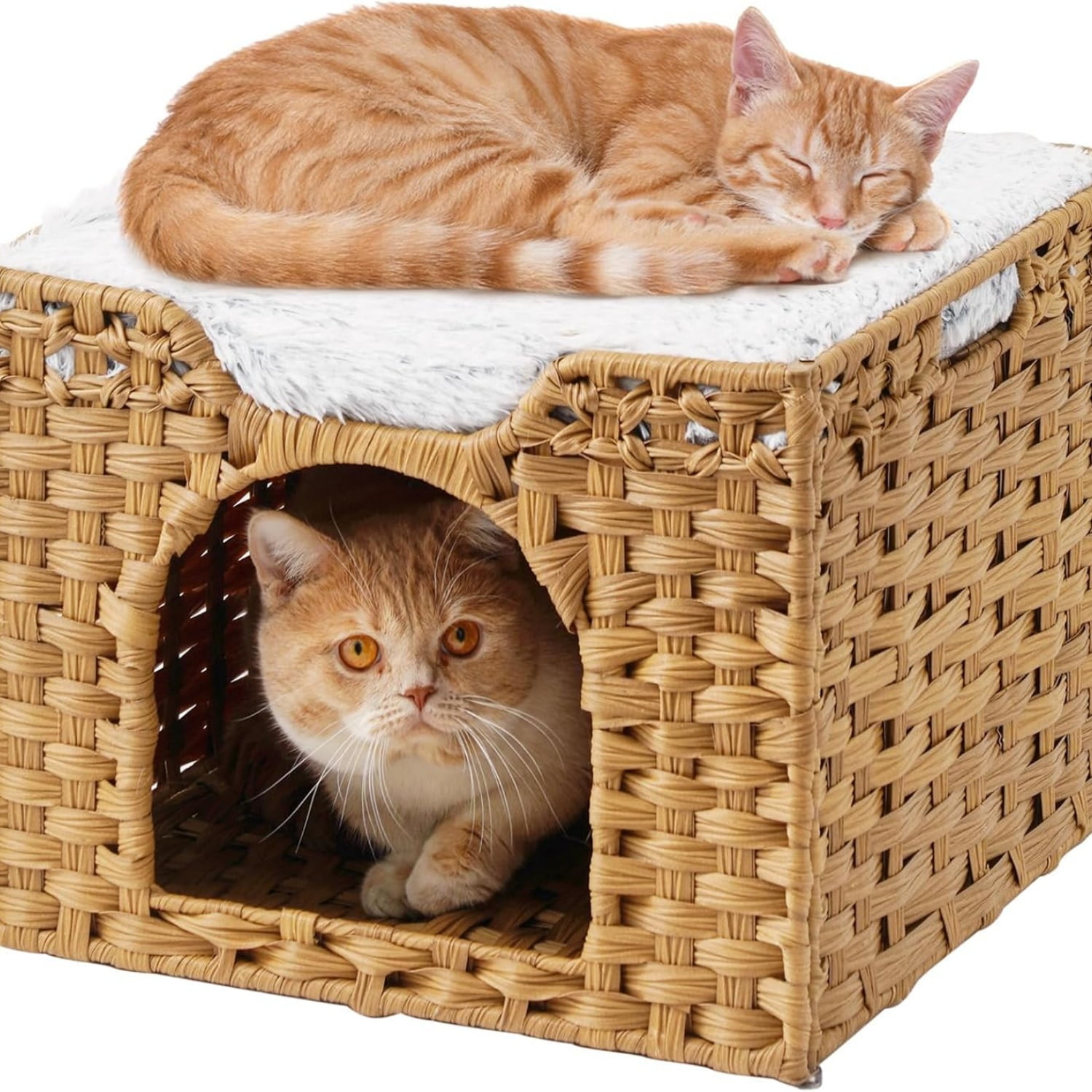 Cat Beds Indoor Kitten House, Handwoven Rattan Cat Cave Pet Cube, Large Cat Houses, One Bed Mat, Foldable, Hideaway, 16.5x16.5x13.2 Inches, 2 S-Shaped Hooks in Living Room Bedroom Natural